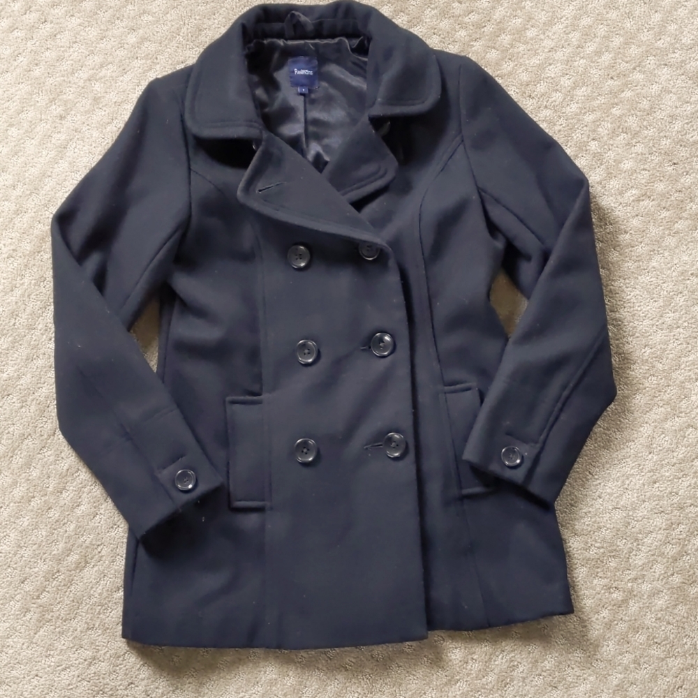 Woman's Black Wool Blend Coat, 3/4 Length, Double Breasted, Size 7, Pockets